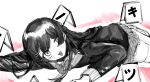  1girl arm_up blazer bow bowtie cardigan chalk_outline character_name crime_scene empty_eyes evidence_markers greyscale hair_ornament hair_over_one_eye hairclip head_back highres hime_cut jacket long_hair looking_at_viewer lying minuma_(nrp_ga) monochrome nijisanji on_ground on_stomach pleated_skirt school_uniform shiny_hair skirt solo spot_color thighhighs translated tsukino_mito zettai_ryouiki 