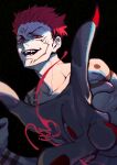  1boy absurdres black_background black_plume body_markings collarbone extra_eyes facial_mark fingernails hand_mouth highres jujutsu_kaisen looking_at_viewer open_mouth red_eyes red_hair red_theme ryoumen_sukuna_(jujutsu_kaisen) sharp_fingernails sharp_teeth short_hair simple_background smile solo spiked_hair teeth topless_male undercut v-shaped_eyebrows 