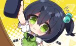  1girl :t arm_up bangs black_bow black_hair blush board_eraser bow breasts chibi closed_mouth collared_shirt commentary_request dress flying_sweatdrops frilled_dress frills green_dress green_eyes hair_between_eyes hair_bobbles hair_ornament highres holding kyoumachi_seika large_breasts milkpanda one_side_up pout puffy_short_sleeves puffy_sleeves shirt short_eyebrows short_sleeves sleeveless sleeveless_dress solo thick_eyebrows trembling voiceroid wavy_mouth white_shirt 