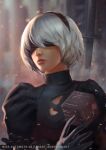  1girl andy_liong artist_name black_dress black_hairband blindfold commentary copyright_name cube dress english_commentary feather-trimmed_sleeves gloves hairband highres juliet_sleeves lips long_sleeves mole mole_under_mouth nier_(series) nier_automata photoshop_(medium) puffy_sleeves short_hair solo sword weapon white_hair yorha_no._2_type_b 