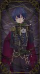  1boy absurdres blue_hair border cape clothing_request dankira!!! formal highres kagemiya_kei long_sleeves looking_at_viewer male_focus pants seta_tasuku short_hair solo suit thorns yellow_eyes 