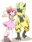  1girl 1other blue_eyes blush dress holding_hands leg_warmers looking_at_another margo_(pokemon) pink_dress pink_eyes pink_hair pokemon pokemon_(anime) pokemon_the_movie:_the_power_of_us ribbon smile ss1313 white_leg_warmers yellow_ribbon zeraora 