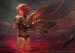  1girl andy_liong artist_name ass commentary english_commentary feathers from_behind grey_eyes light looking_back original profile red_hair solo thong wading wings 
