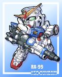  arm_cannon blue_background border character_name chibi full_body green_eyes gundam gundam_silhouette_formula_91 looking_to_the_side mecha mobile_suit moukin_punch neo_gundam outside_border robot science_fiction solo v-fin weapon 