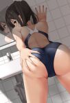  1girl absurdres ass ass_grab back bare_arms bare_shoulders bent_over brown_eyes brown_hair closed_mouth competition_swimsuit cowboy_shot deep_skin eto_(ikumika) from_behind grabbing_own_ass highres long_hair looking_at_viewer looking_back md5_mismatch mirror nape one-piece_swimsuit open_mouth original profile reflection school_swimsuit sidelocks solo swimsuit tile_wall tiles twintails 