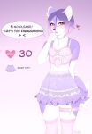  &lt;3 anthro blush bottomwear canid canine canis clothed clothing crossdressing dialogue domestic_dog english_text girly hair hi_res highlights_(coloring) husky inner_ear_fluff jewelry legwear male mammal necklace nervous nordic_sled_dog pink_highlights pink_stockings purple_hair red_eyes shirt skirt slim solo speech_bubble spitz standing stockings tear_monster text topwear tuft 