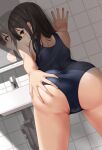  1girl absurdres ass ass_grab back bare_arms bare_shoulders bent_over brown_eyes brown_hair closed_mouth competition_swimsuit cowboy_shot deep_skin eto_(ikumika) from_behind grabbing_own_ass highres long_hair looking_at_viewer looking_back md5_mismatch mirror nape one-piece_swimsuit original profile reflection school_swimsuit sidelocks solo swimsuit tile_wall tiles 