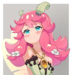  1girl absurdres artist_name bangs bare_shoulders blue_eyes detached_sleeves dragalia_lost dress fairy_wings flower hair_flower hair_ornament highres long_hair looking_to_the_side notte_(dragalia_lost) pink_hair ragnarathered smile solo tears upper_body wings 