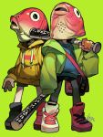  2boys asymmetrical_legwear bag baseball_bat blue_shirt fish fish_mask green_background green_hoodie highres holding holding_baseball_bat hood hoodie koroguchi mask mismatched_legwear multicolored_clothes multicolored_legwear multiple_boys original pants shirt shoes shorts shoulder_bag simple_background sneakers yellow_hoodie 