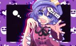  1girl :d black_background black_ribbon blue_hair blue_headwear cabbie_hat drop_shadow hat looking_at_viewer mandarin_collar miyako_yoshika ofuda open_mouth outstretched_arm pink_shirt purple_eyes ribbon saliva sharp_teeth shirt smile star_(symbol) teeth touhou translation_request tsugomori_(remilia0398) upper_teeth_only 