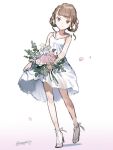  1girl bangs bare_arms bare_shoulders blunt_bangs bouquet breasts brown_eyes brown_hair cleavage closed_mouth clothes_lift dress dress_lift flower full_body gradient gradient_background high_heels holding holding_bouquet leaf lifted_by_self looped_braids mizutani_megumi original petals pink_flower pink_rose rose sandals see-through see-through_dress short_hair small_breasts smile solo split_mouth twitter_username white_dress white_flower white_footwear white_rose 
