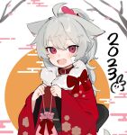  1girl 2023 :d ahoge animal_collar animal_ears bag branch collar egasumi fang fenrir_(fenriluuu) fur-trimmed_kimono fur_trim grey_hair hair_ornament hairclip highres holding holding_bag japanese_clothes kimono kinchaku long_hair long_sleeves open_mouth original pouch red_collar red_eyes red_kimono rir-chan simple_background smile solo tail upper_body white_background wide_sleeves wolf_ears wolf_girl wolf_tail 