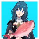  1girl animal aqua_background arm_guards armor armored_dress black_cape black_dress blue_eyes blue_hair bodice bustier byleth_(female)_(fire_emblem) byleth_(fire_emblem) cape dress fire_emblem fire_emblem:_three_houses fish head_tilt holding holding_animal holding_fish kitano_ririo long_hair looking_at_viewer red_snapper shoulder_armor simple_background solo tassel turtleneck upper_body 