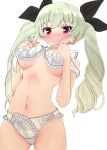  1girl absurdres anchovy_(girls_und_panzer) bangs black_ribbon blush bra breasts closed_mouth commentary_request commission covering covering_breasts cowboy_shot crotch_seam drill_hair girls_und_panzer green_hair hair_ribbon highres long_hair looking_at_viewer makura_ken medium_breasts navel open_bra panties pixiv_commission red_eyes ribbon simple_background smile solo standing sweatdrop twin_drills underwear underwear_only wavy_mouth white_background white_bra white_panties 