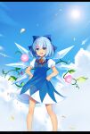  blue_bow blue_dress blue_eyes blue_hair blue_sky bow cirno cloud dress fairy flower hand_on_hip hidden_star_in_four_seasons highres ice ice_wings lens_flare open_mouth pink_flower sada_(sadahalu) short_hair sky standing sunflower tanned_cirno touhou wings 