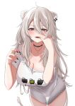  1girl ahoge animal_ears bangs black_choker black_nails blush breasts choker cleavage ear_piercing fangs finger_in_own_mouth grey_eyes grey_hair hair_between_eyes highres hololive large_breasts leaning_forward lion_ears lion_girl lion_tail long_hair looking_at_viewer nail_polish nerorigogo piercing shirt shishiro_botan short_sleeves simple_background solo tail very_long_hair virtual_youtuber white_background white_shirt 