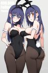  2girls absurdres alternate_hair_length alternate_hairstyle animal_ears ass black_leotard blue_eyes blue_hair blush breasts commentary_request detached_collar fake_animal_ears fake_tail highleg highleg_leotard highres hoshizuki_kaede hoshizuki_suzu kaede_to_suzu kyokucho large_breasts leotard long_hair looking_at_viewer looking_back mole mole_on_breast multiple_girls orange_eyes original pantyhose playboy_bunny rabbit_ears siblings simple_background sisters strapless strapless_leotard tail twins 