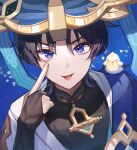  1boy bird black_hair blue_eyes bridal_gauntlets commentary_request earrings eunyoo genshin_impact hair_over_eyes hat highres index_finger_raised jewelry looking_at_viewer male_focus pointing pointing_at_self portrait scaramouche_(genshin_impact) short_hair solo straight-on stud_earrings tongue tongue_out wanderer_(genshin_impact) 