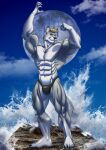  5_fingers 5_toes abs anthro biceps big_muscles blue_eyes bulge canid canine canis claws clothing detailed_background feet fingers flexing fur gloves_(marking) grey_body grey_fur hair hand_above_head hi_res leg_markings male mammal markings moon mostly_nude muscular nipples pecs plantigrade quads serratus sky smile socks_(marking) solo speedo splash swimwear tail toes unknown_artist water white_body white_fur wolf 