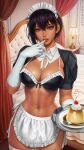  1girl abs apron bed bikini blurry blurry_background breasts cake cherry cleavage dark-skinned_female dark_skin finger_to_mouth food fruit highres lilith_(saikin_yatotta_maid_ga_ayashii) looking_at_viewer maid maid_apron maid_bikini maid_headdress mole mole_under_eye navel plate pudding purple_hair saikin_yatotta_maid_ga_ayashii sciamano240 short_hair smile solo spoon swimsuit thighhighs toned tongue tongue_out whipped_cream white_thighhighs 