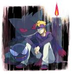  1boy blonde_hair candle candle_wax chara_rira fangs fire gastly gengar ghost grin headband light_smile morty_(pokemon) pants pokemon pokemon_(creature) pokemon_(game) pokemon_gsc red_eyes ribbed_sweater scarf sitting smile sweater white_pants 