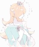  1girl blonde_hair blue_dress crown dress earrings hair_over_eyes highres indisk_irio jewelry long_hair long_sleeves looking_at_another mario_(series) mini_crown nail rosalina sad simple_background solo star_(sky) star_(symbol) star_earrings super_mario_galaxy white_background 