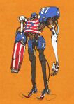  absurdres american_flag american_flag_print arm_cannon commentary english_commentary flag_print full_body highres looking_ahead mecha no_humans orange_background original procreate_(medium) red_eyes robot science_fiction simple_background solo standing weapon wokkie 