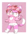  ambiguous_gender anthro blush bottomwear clothing cute_fangs dipstick_tail domestic_cat felid feline felis fur hair hi_res hoodie hotpants liv_(smite) looking_at_viewer male_(lore) mammal markings one_eye_closed one_foot_raised pawpads pink_body pink_clothing pink_fur pink_hair pink_hoodie pink_topwear pose shorts smile smite_(artist) solo star_eyes tail tail_markings topwear whiskers 