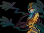  1girl black_background black_hair bodysuit breasts chara_rira cofagrigus colored_sclera crossed_arms egyptian egyptian_clothes headgear large_breasts long_hair parted_lips personification pokemon pokemon_(game) pokemon_bw red_eyes red_sclera solo very_long_hair yellow_bodysuit 