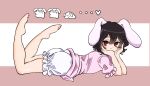  1girl animal_ears bare_legs barefoot black_hair bloomers dress floppy_ears gao_wanwan highres inaba_mob_(touhou) inaba_tewi legs_up lying on_stomach pink_dress rabbit_ears rabbit_girl rabbit_tail red_eyes short_hair smile solo tail the_pose touhou underwear wavy_hair 