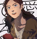  1girl blue_eyes blurry blurry_foreground brown_hair character_name crying eponine highres les_miserables long_hair open_mouth simple_background solo t_k_g upper_body 