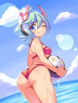  1girl ass azure_striker_gunvolt back ball bangs beachball bikini blue_sky blurry bokeh breasts closed_mouth commentary cougar_(cougar1404) cowboy_shot day depth_of_field halterneck headgear holding holding_ball horizon leaning_forward looking_at_viewer looking_back medium_breasts ocean one_eye_closed outdoors red_headwear roro_(gunvolt) short_hair sky smile solo standing striped striped_bikini swimsuit wading water wedgie wet 
