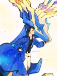  1boy alternate_color antlers augustine_sycamore belt black_hair black_shirt blue_coat blue_eyes closed_eyes closed_mouth coat collarbone collared_shirt dated hand_in_pocket highres male_focus pokemon pokemon_(creature) pokemon_(game) pokemon_masters_ex seonforest shirt smile xerneas 