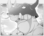  2020 4_toes ambiguous_gender bandai_namco bulge claws day digimon digimon_(species) duo feet garurumon greymon greyscale looking_up monochrome mountain oral_vore outside pawpads s2-freak sky toes vore watermark 