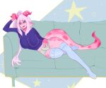 anthro big_tail bulge clothed clothing dragon furniture ghalileah gynomorph hi_res horn horn_grab intersex legwear looking_at_viewer lounging lychee_gumi panties simple_background sofa solo tail thigh_highs underwear 