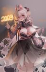  1girl 2023 absurdly_long_hair animal_ears black_dress breasts cleavage dress highres large_breasts long_hair looking_at_viewer original rabbit_ears red_eyes shiro_albino solo standing thighs very_long_hair white_hair 