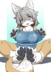  2023 4_fingers 4_toes anthro barefoot big_breasts black_pawpads blue_eyes blush bottomless bra_strap breasts canid canine canis claws clothed clothing countershading cute_fangs digital_media_(artwork) featureless_crotch feet female female_anthro finger_claws fingers fluffy foot_focus fur hair happy head_tilt hi_res kemono koorinezumi leg_markings looking_at_viewer mammal markings multicolored_body multicolored_fur multicolored_tail neck_tuft off_shoulder open_mouth open_smile pawpads paws silver_hair sitting smile socks_(marking) solo sweater tail tan_body tan_fur toe_claws toes tongue topwear translated_description tuft two_tone_tail white_body white_fur wolf 