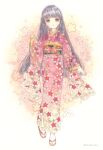  1girl bangs black_eyes black_hair blunt_bangs cherry_blossom_print cherry_blossoms commission fingernails floral_background floral_print flower full_body furisode gradient gradient_background gradient_kimono japanese_clothes kimono long_hair long_sleeves looking_at_viewer multicolored_clothes multicolored_kimono multicolored_sash obi obijime original parted_lips pink_background pink_flower pink_kimono print_kimono red_flower red_footwear sandals sash skeb_commission socks solo straight_hair takanashi_tsubasa tareme twitter_username white_background white_socks wide_sleeves 