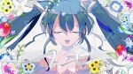  1girl :d bangs blue_flower blue_hair blue_nails closed_eyes daisy eyelashes fingernails flower hair_between_eyes hands_up hatsune_miku leaf lily_(flower) long_hair mizutani_megumi nail_polish open_mouth red_flower smile solo straight-on twintails twitter_username upper_body vocaloid white_flower yellow_flower 