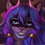  blue_eyes blue_hair cropped felid feline female fluffy_ears gold_(metal) gold_jewelry hair horn jewelry low_res mammal nelly63 pantherine pink_nose purple_hair purrity tiger 