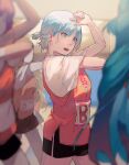  4girls arm_up black_shorts blonde_hair blue_eyes blue_hair blurry blurry_foreground hand_up indoors light_blue_hair multiple_girls original purple_hair senryoko shirt short_hair short_sleeves shorts sportswear stretching sweat white_shirt 