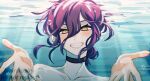  1girl air_bubble artist_name black_choker blush bubble chainsaw_man choker claireiosity collarbone green_eyes hair_between_eyes highres looking_at_viewer nude parted_lips purple_hair refraction reze_(chainsaw_man) short_hair smile solo underwater 