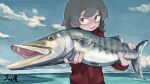  1girl absurdres animal bangs blush cloud day fish grey_eyes grey_hair highres holding holding_animal holding_fish jacket lalah_7th long_sleeves looking_at_viewer ocean open_mouth original red_jacket sharp_teeth signature sky sweat teeth upper_body water 