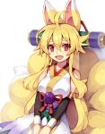  1girl :d ahoge animal_ears blonde_hair breasts dated_commentary fang fox_ears fox_girl fox_tail hair_between_eyes highres izuna_(shinrabanshou) japanese_clothes kitsune long_hair looking_at_viewer medium_breasts multiple_tails open_mouth red_eyes saru_000 shinrabanshou simple_background slit_pupils smile solo tail thick_eyebrows white_background 