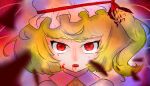  1girl ascot blonde_hair candle closed_mouth crystal curtains flandre_scarlet ghost_rule_(vocaloid) hair_ribbon highres medium_hair parody red_eyes red_nails red_ribbon ribbon shirt touhou user_rkeu7372 white_shirt window wrist_cuffs 
