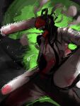  1boy blood blood_on_chest blood_on_clothes blood_on_weapon chainsaw chainsaw_man collared_shirt dark denji_(chainsaw_man) facing_to_the_side highres nyxkz open_clothes open_mouth pull_cord sharp_teeth shirt smoke solo teeth weapon 