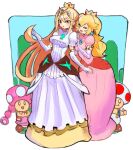  1boy 3girls blonde_hair blue_eyes cosplay crown dakusuta day dress earrings highres hug jewelry long_hair looking_to_the_side mario_(series) multiple_girls mythra_(xenoblade) one_eye_closed open_mouth pink_dress princess_peach princess_peach_(cosplay) short_sleeves sky thumbs_up tiara toad_(mario) toadette tree very_long_hair white_background white_dress xenoblade_chronicles_(series) xenoblade_chronicles_2 yellow_eyes 