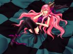  1girl blue_eyes crown full_body grin lingerie long_hair looking_at_viewer lying megurine_luka ox84xo pink_hair purple_ribbon ribbon smile smirk solo underwear very_long_hair vocaloid world_is_mine_(vocaloid) 