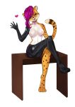  anthro breasts cheetah clothed clothing crossed_legs cybernetics felid feline female gesture hi_res looking_at_viewer machine mammal rosalina_the_cheetah simple_background solo unknown_artist waving waving_at_viewer 