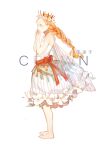  1girl barefoot blonde_hair braid crown dress flower full_body hands_up head_wreath insect_wings orange_eyes original personification profile senryoko simple_background standing white_background white_dress white_flower wings 